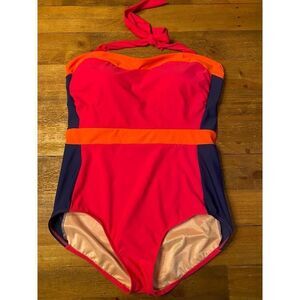Talbots size 16 one piece color block halter swimsuit pink blue orange